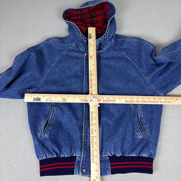 Vintage 80’s Xceptions Drop Shoulder Red Flannel Lined Striped Denim Hoodie Rare - Picture 7 of 7